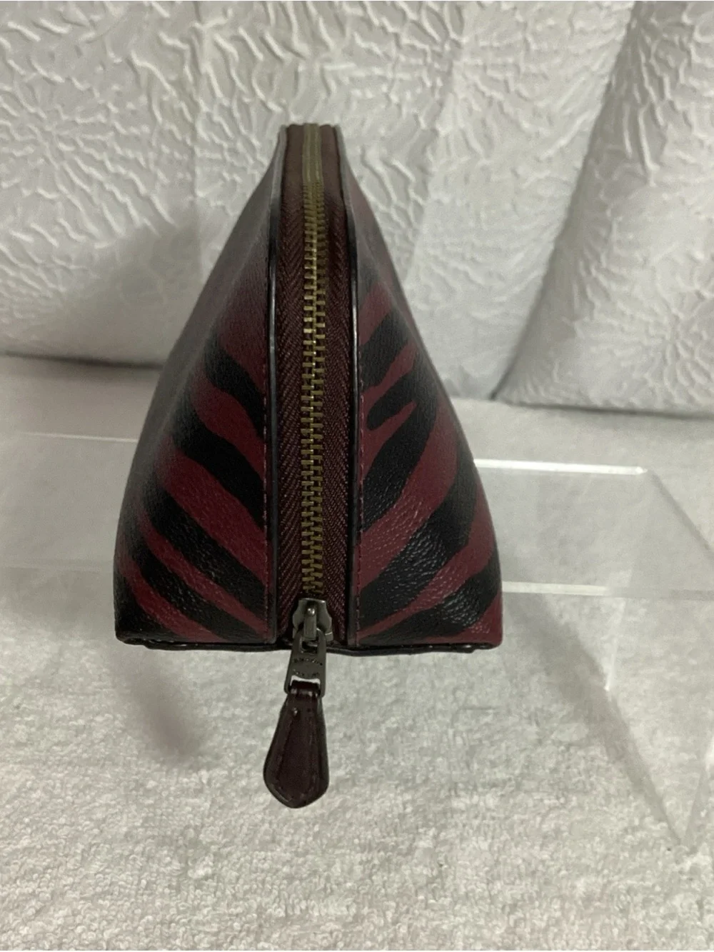 COACH Oxblood Zebra Striped Coated Canvas Zip Cosmetic Bag Pouch